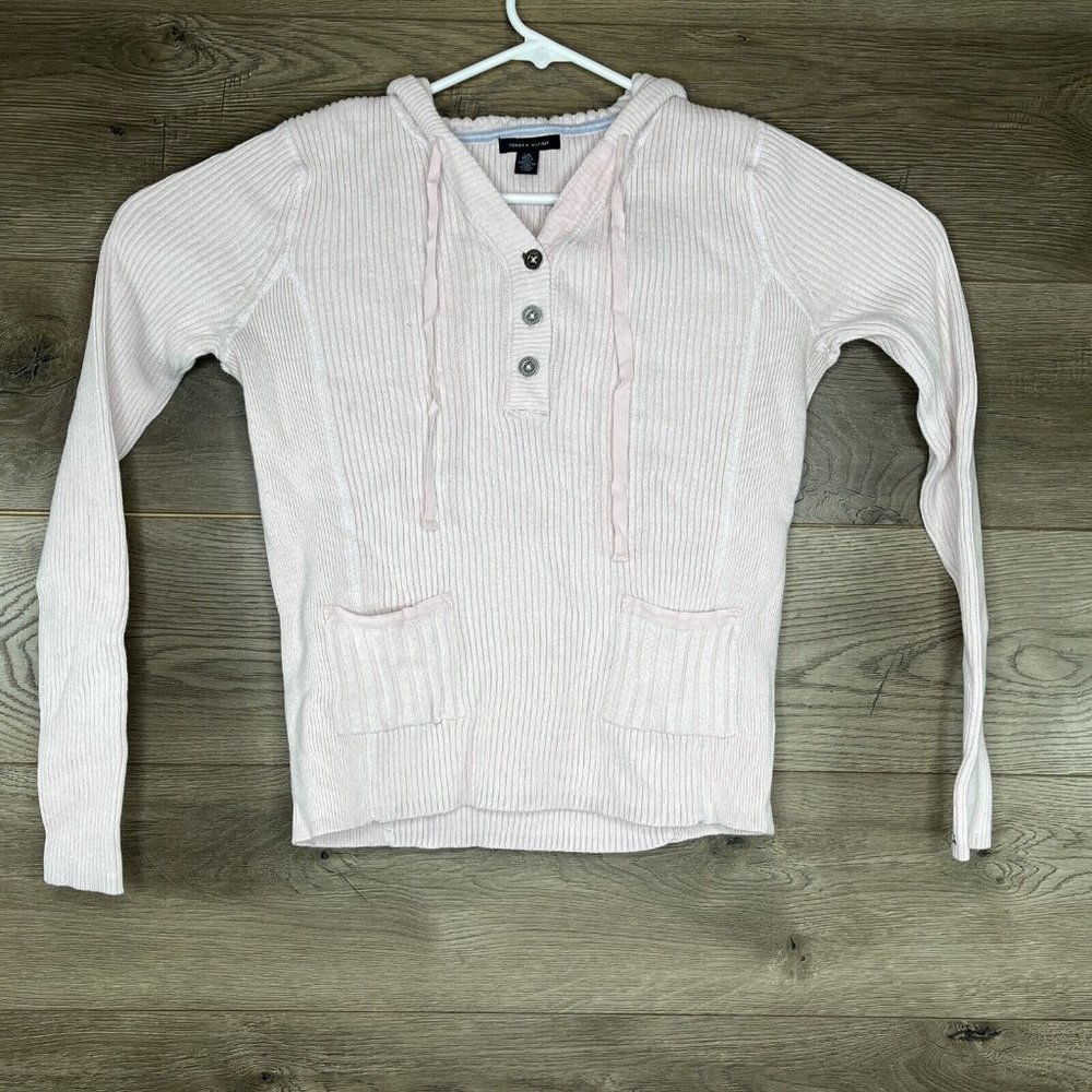 Tommy Hilfiger Hooded Sweater Womens L Knit Pink Pullover Front Pockets Buttons - Picture 2 of 10